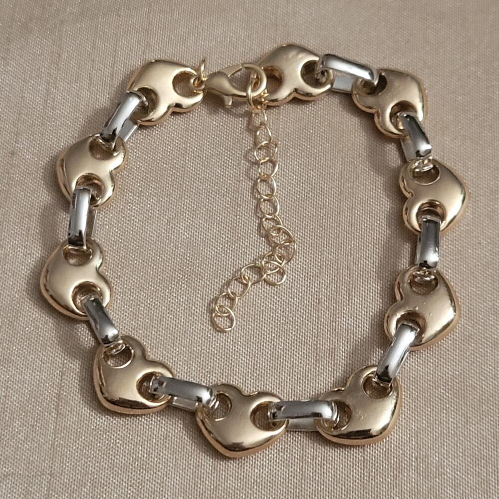 Silver & gold two-tone heart shaped coffee bean link chain bracelet